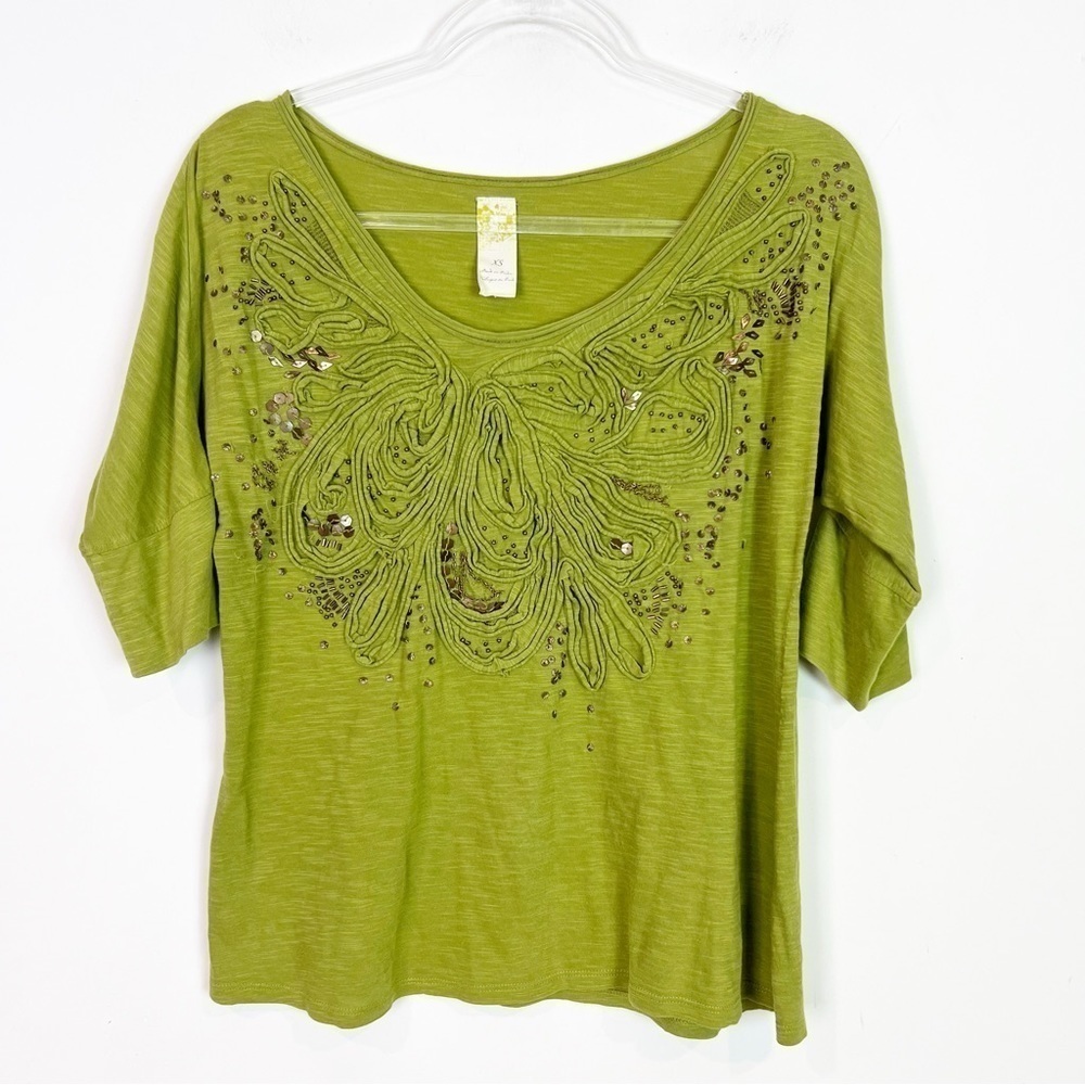 ONE SEPTEMBER ANTHROPOLOGIE GREEN ELBOW SLEEVE BEADED SHIRT WOMENS SZ XS